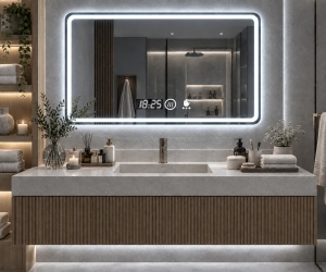 Oglinda moderna pentru baie cu LED, functii smart si senzor de miscare
