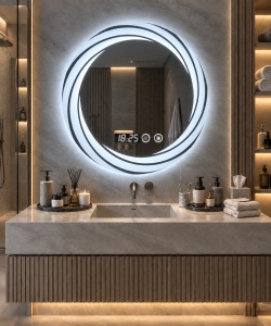 Oglinda baie LED rotunda cu afisaj digital si buton touch, design modern