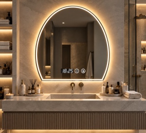Oglinda LED Touch DECORIALE cu Dezaburire , Ceas si Termometru 70x70cm - "Caspian"