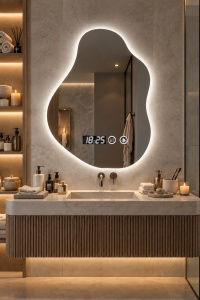 Oglinda baie LED cu forma organica, afisaj digital si buton touch, design modern