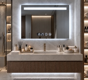 Oglinda baie dreptunghiulara cu LED, display digital si functie touch