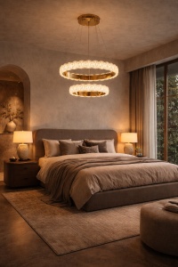 Lustră LED suspendată cu două cercuri și finisaj auriu, iluminat modern pentru interior
