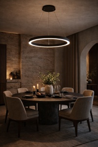 Lustră LED suspendată cu inel negru modern și lumină caldă integrată