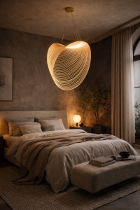 Pendul modern cu design sculptural din linii curbe aurii, ideal pentru iluminat decorativ în spații contemporane