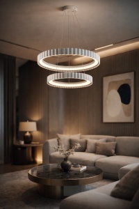 Lustră LED suspendată modernă cu două inele luminoase ondulate, finisaj alb și design contemporan, ideală pentru iluminat decorativ în living, dining sau spații elegante