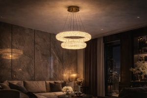 Candelabru LED modern cu două inele luminoase din cristale, suspendat pe cabluri ajustabile și finisaj elegant metalic