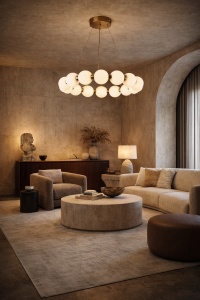 Lustră elegantă cu globuri opal suspendată de tavan, finisaj auriu, iluminând un dormitor clasic decorat în tonuri calde, ideală pentru amenajări sofisticate și ambient relaxant