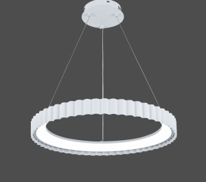 Lustră LED suspendată modernă, în formă de inel mare cu design ondulat, finisaj alb, montată într-un living minimalist, ideală pentru iluminat decorativ contemporan