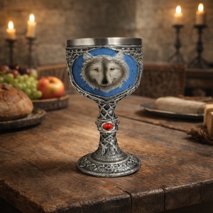 Pocal medieval cu emblemă lup si finisaj argintiu