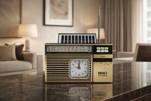 Radio retro portabil cu ceas analogic, panou solar și antenă telescopică, radio FM AM SW pentru interior și exterior