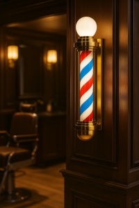 lampă de perete barbershop, aurie, cu spirală roșu, alb și albastru și glob luminos, 90cm