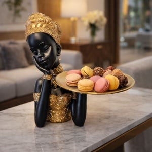 Statuetă africană decorativă cu suport, figură feminină elegantă cu tavă pentru obiecte mici, chei sau bijuterii Statuetă africană decorativă cu suport, figură feminină elegantă cu tavă pentru obiecte mici, chei sau bijuterii
