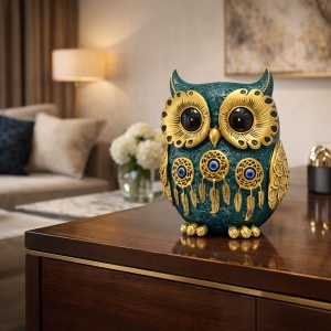 Statuetă bufniță decorativă turcoaz cu detalii aurii și ochi mari, simbol al înțelepciunii și protecției