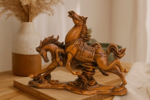 Statuetă din lemn cu doi cai în mișcare, simbol al forței și libertății. Ideală pentru decor elegant și cadou de colecție.