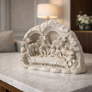 Statueta Cina cea de Taina, decor religios cu Iisus si apostolii, sculptura alba ornamentala