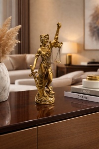 Statuetă aurie Doamna Justiție, simbol al adevărului și dreptății
