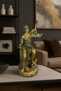 Statuetă mare Doamna Justiție șezând, cu balanță, sabie și șarpe la picioare