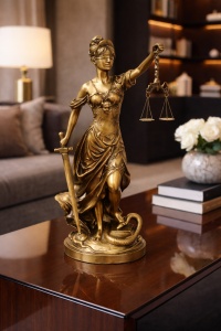 Statuetă decorativă Justiția cu sabie și balanță, simbol al legii și imparțialității