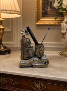Suport decorativ pentru pixuri cu harpa si carte, accesoriu elegant pentru birou