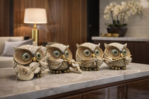 Set statuete bufnițe muzicale decorative, figurine cu instrumente, simbol al înțelepciunii și armoniei