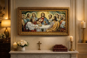 Tablou decorativ religios Cina cea de Taină, scenă clasică cu Iisus și apostolii, în ramă ornamentală