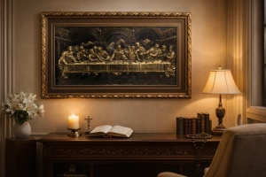 tablou relief auriu reprezentând Cina cea de Taină, în ramă elegantă cu detalii decorative aurii