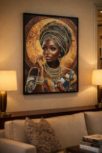 Tablou cu femeie africana purtand turban colorat si accesorii aurii, decor modern pentru living