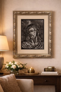 Tablou cu Iisus Hristos în ramă argintie ornamentată, decor religios pentru perete
