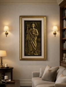 Tablou cu Iisus Hristos în relief auriu, cu ramă decorativă aurie, decor religios pentru perete
