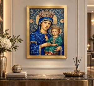 Tablou Maica Domnului cu Pruncul Iisus Hristos cu Pietricele 40x30cm - Gold - Img 2