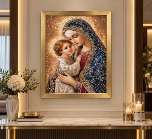Tablou Maica Domnului cu Pruncul Iisus Hristos cu Pietricele 40x30cm - Gold - Img 2