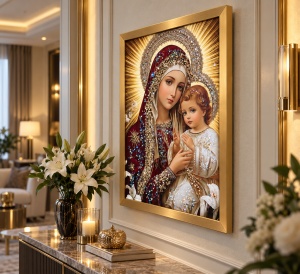 Tablou Maica Domnului cu Pruncul Iisus Hristos cu Pietricele 60x40cm - Gold - Img 3