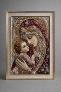 Tablou Maica Domnului cu Pruncul Iisus Hristos cu Pietricele si Sclipici 72x52cm - Gold