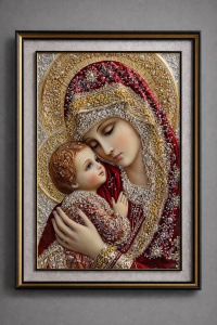 Tablou Maica Domnului cu Pruncul Iisus Hristos cu Pietricele si Sclipici 72x52cm