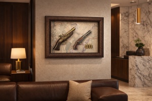 tablou vintage cu pistoale decorative și gloanțe