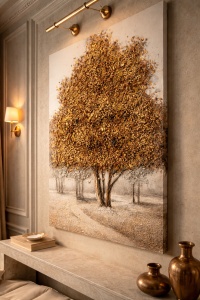 Tablou decorativ panoramic cu peisaj de toamnă, copaci aurii și drum rural