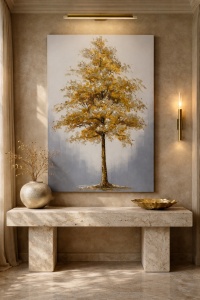 Tablou vertical cu copac auriu solitar, pictura decorativa pe panza stil modern