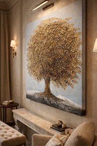 Tablou Reliefat 3D Pictat cu Pomul Vietii Auriu 60x60cm