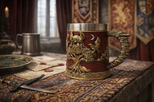 Halba bere viking cu simbol Yggdrasil cana decorativa stil nordic