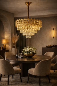 Candelabru elegant auriu cu cristale tip picătură, design în trepte pentru iluminat de lux