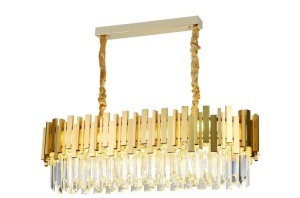 Candelabru auriu rectangular modern cu cristale, design suspendat pentru dining sau living.