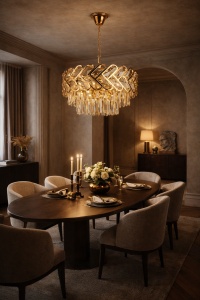 Lustră aurie modernă cu cristale și design geometric suspendată într-un living elegant.