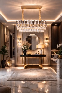 Candelabru auriu cu cristale moderne, design elegant și lumini decorative suspendate