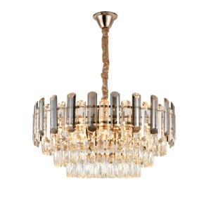 Candelabru elegant auriu cu cristale lungi, suspendat, design luxos pentru living