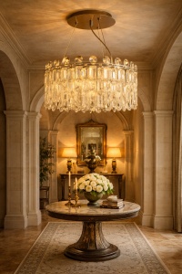 Candelabru elegant cu cristale transparente dispuse în trepte și structură metalică cromată
