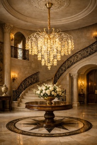 Candelabru modern cu picături cristaline aurii, ideal pentru a crea o lumină caldă și elegantă în living