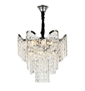 Candelabru modern cu cristale în cascadă și design ondulat, ideal pentru livinguri elegante și iluminat de impact