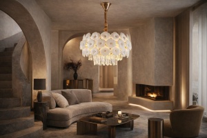 Candelabru modern cu flori din sticlă albă și cristale, structură aurie și prindere textilă