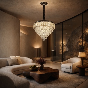 Candelabru modern cu cristale în formă de piramidă inversată, suspendat într-un living elegant