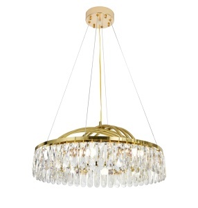 Candelabru modern auriu cu cristale lungi, perfect pentru iluminat elegant în living sau dining